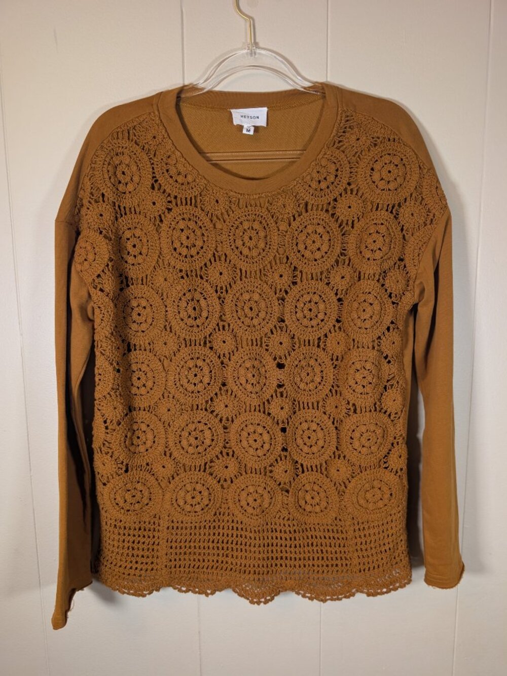 BOHO Crochet Lace Medallion Top HEYSON M Brown Long Sleeve Cottagecore Tunic
